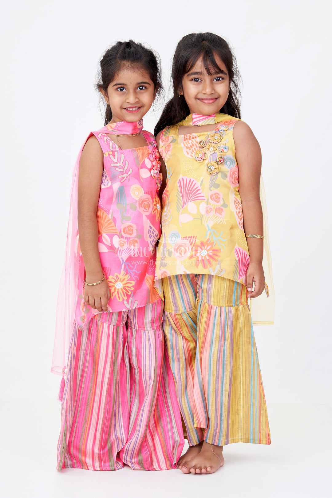 Girls Mustard Yellow Sharara with Floral Printed Top and Striped Flared Pants
