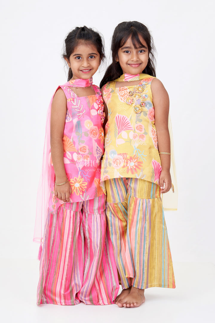 Girls Mustard Yellow Sharara with Floral Printed Top and Striped Flared Pants