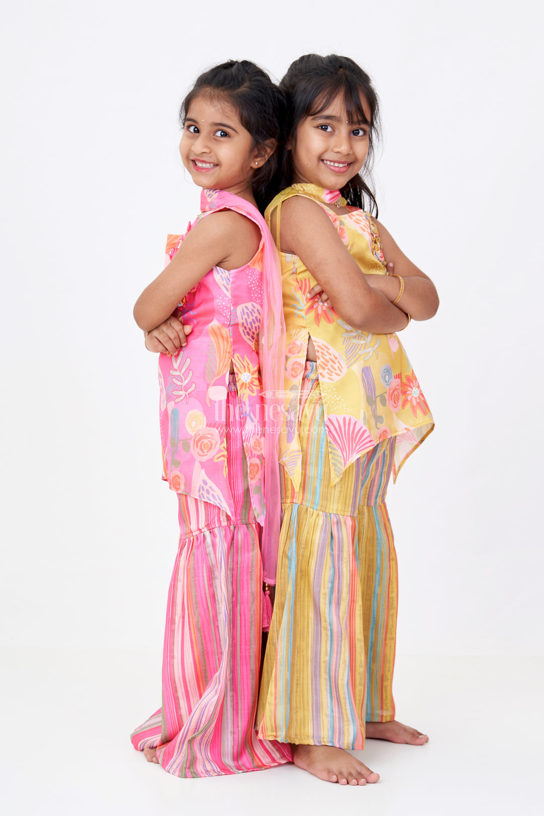 Girls Mustard Yellow Sharara with Floral Printed Top and Striped Flared Pants