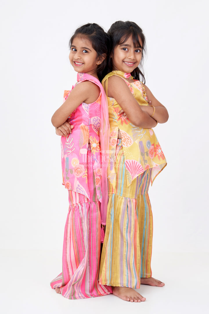 Girls Mustard Yellow Sharara with Floral Printed Top and Striped Flared Pants
