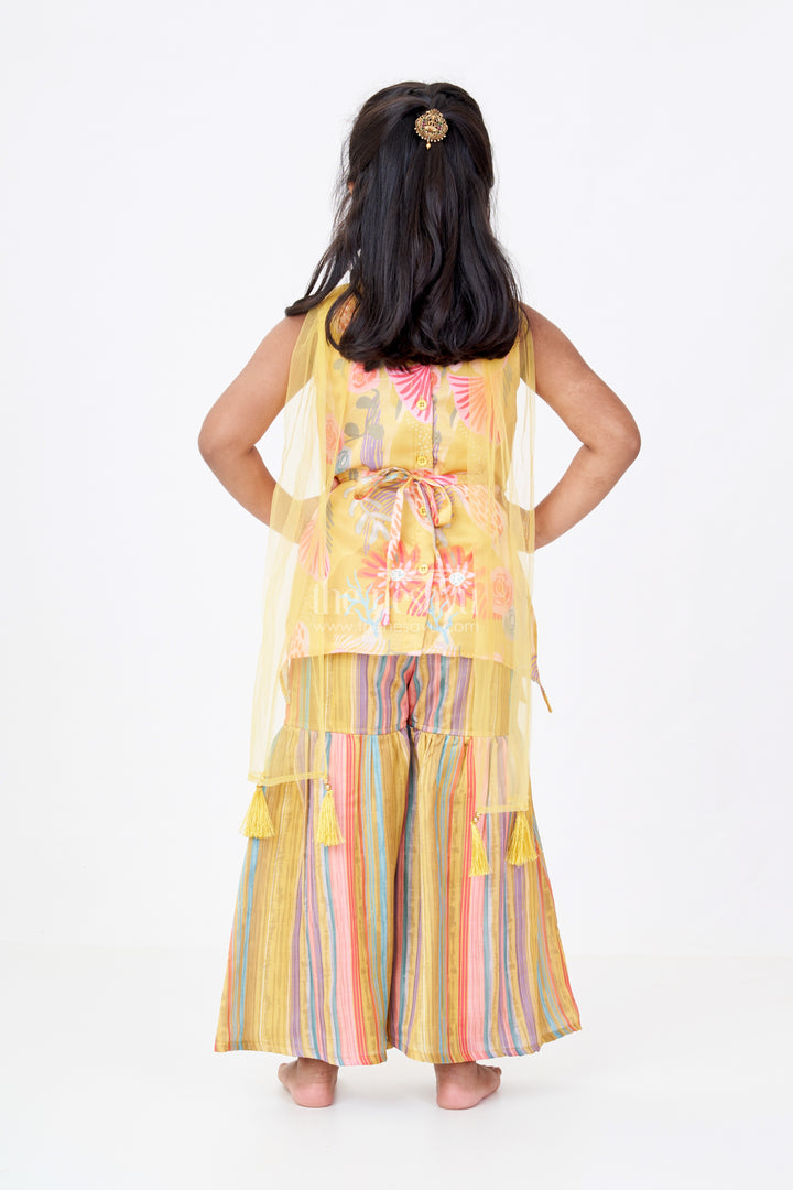 Girls Mustard Yellow Sharara with Floral Printed Top and Striped Flared Pants