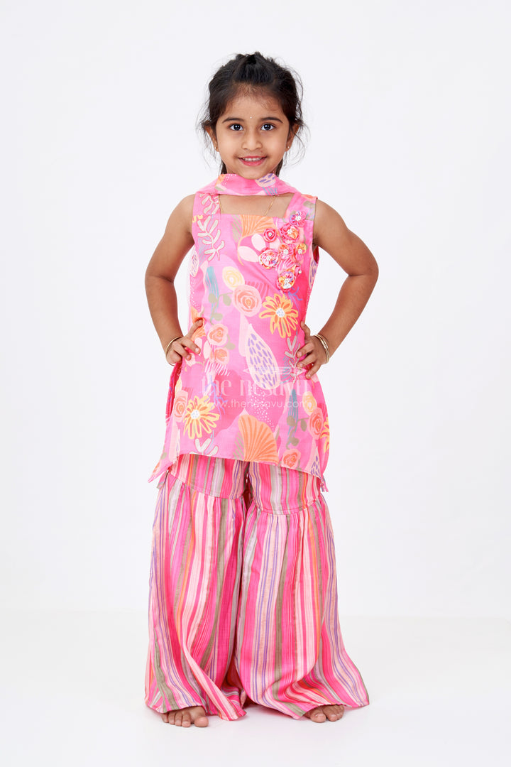 Girls Rani Pink Sharara with Floral Printed Top and Striped Flared Pants