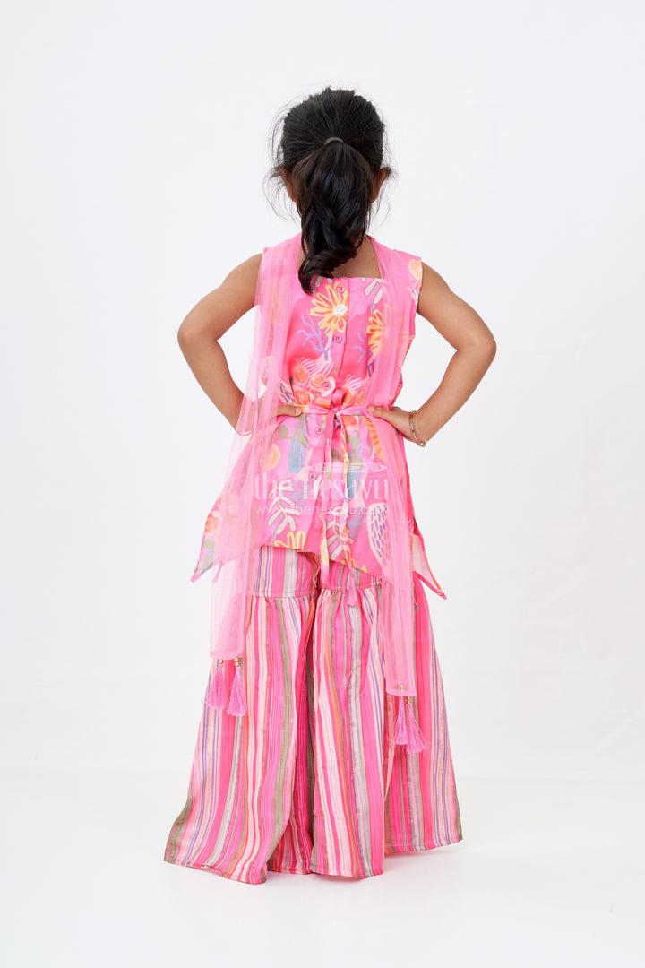 Girls Rani Pink Sharara with Floral Printed Top and Striped Flared Pants