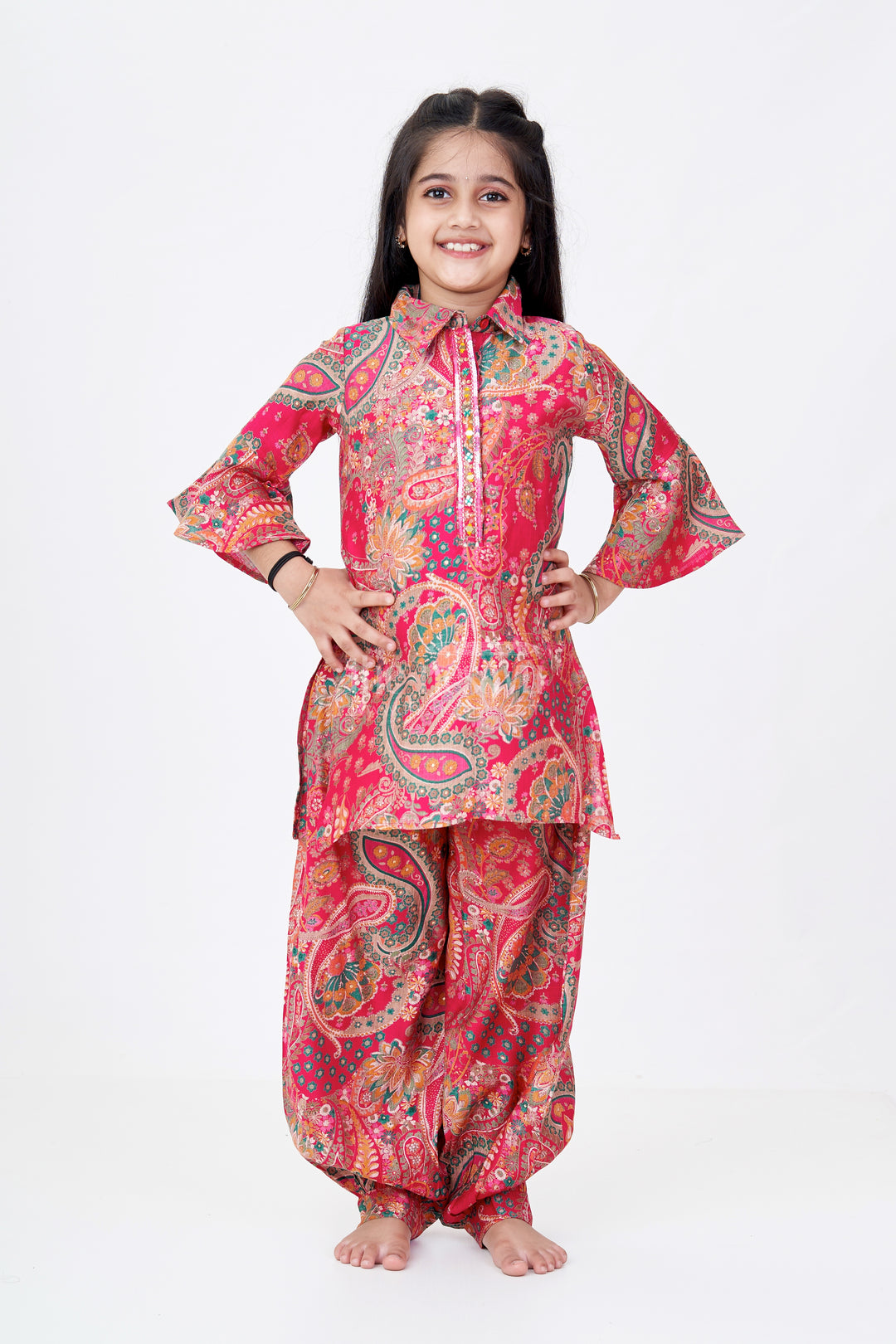 Girls Sharara Pants Set with Paisley Print and Flared Sleeves in Red and Gold