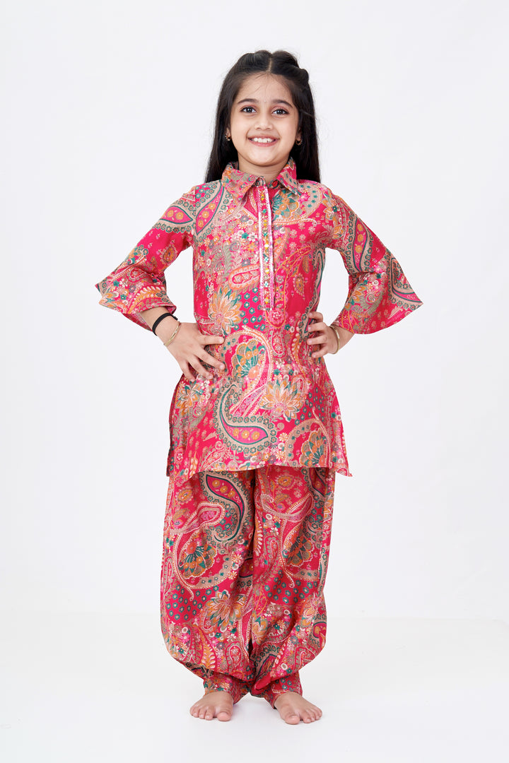 Girls Sharara Pants Set with Paisley Print and Flared Sleeves in Red and Gold