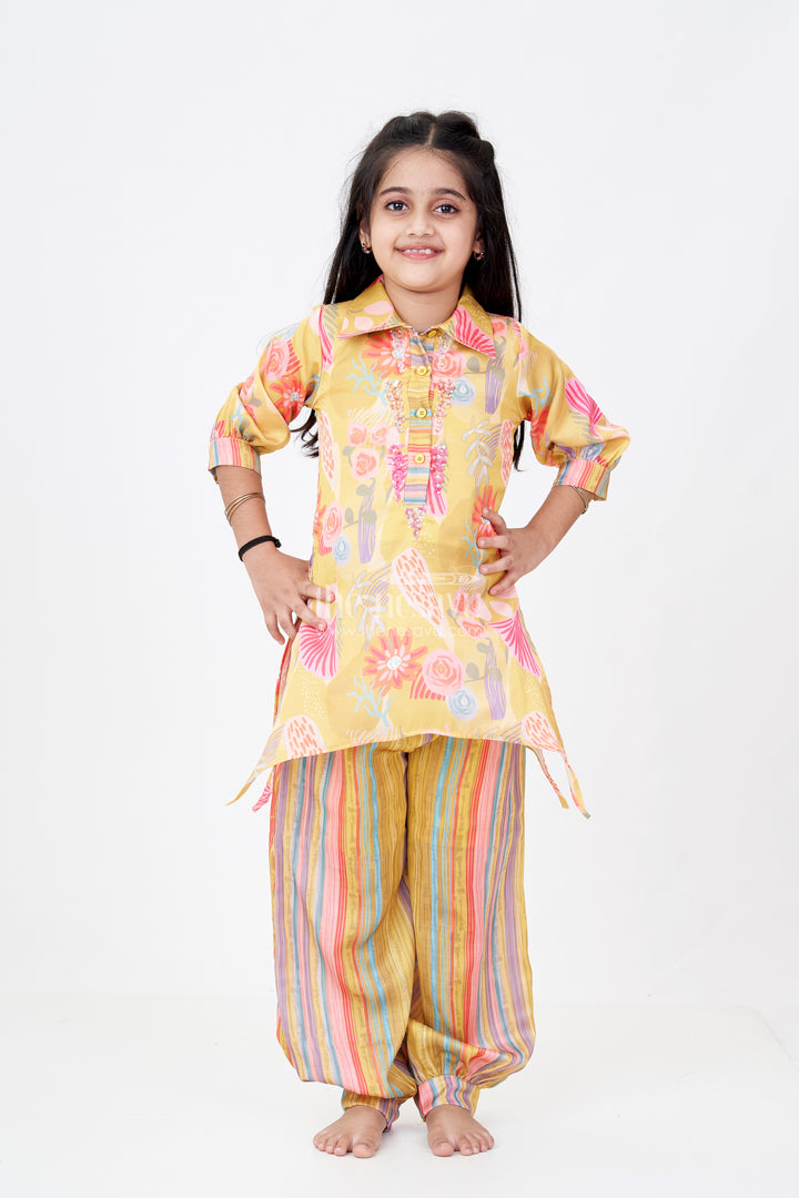 Girls Yellow Co-ord Set with Floral Printed Kurti and Striped Pants