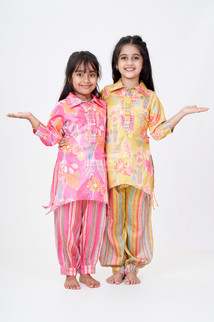 Girls Yellow Co-ord Set with Floral Printed Kurti and Striped Pants
