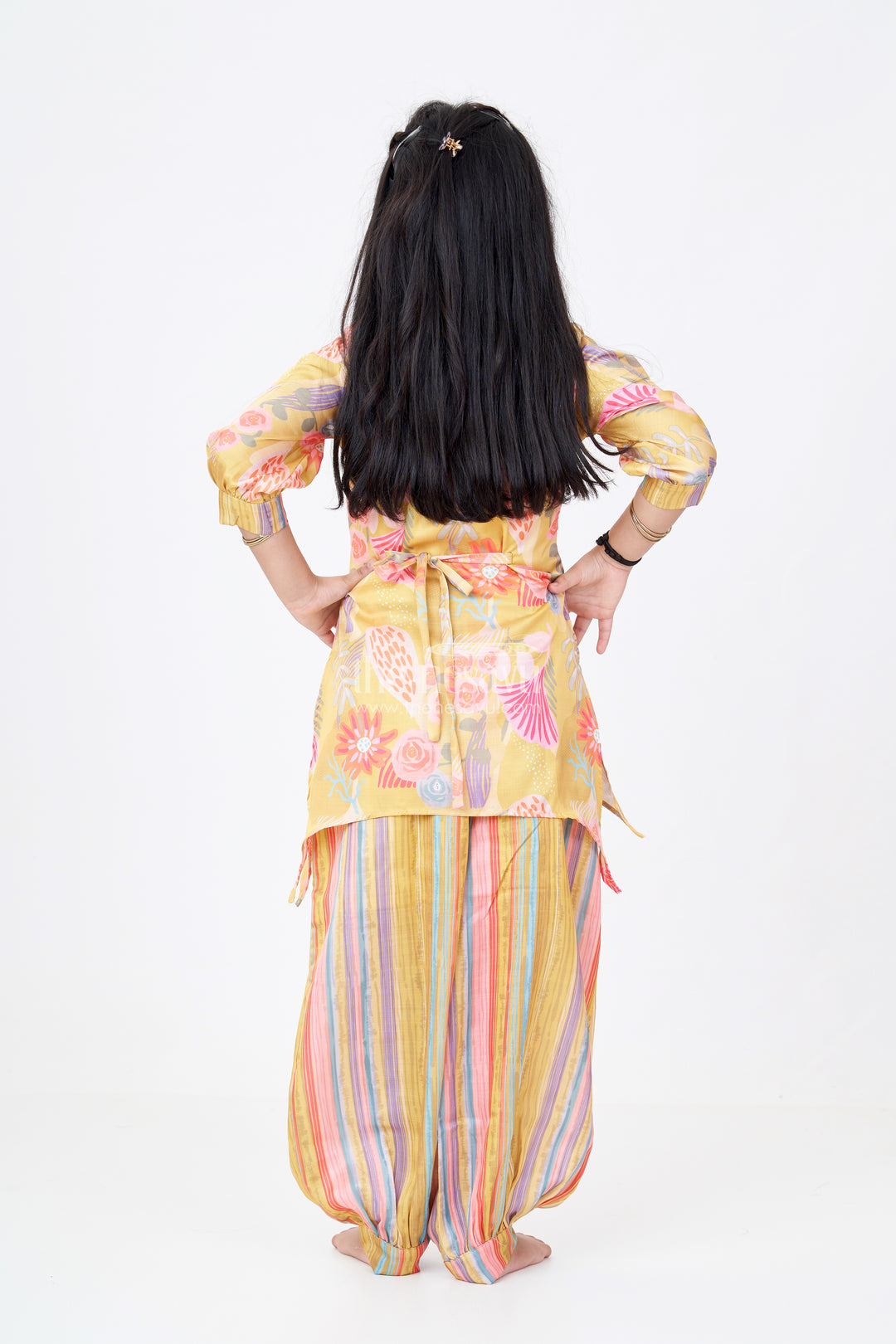 Girls Yellow Co-ord Set with Floral Printed Kurti and Striped Pants