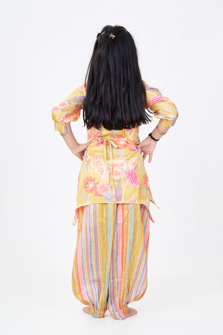 Girls Yellow Co-ord Set with Floral Printed Kurti and Striped Pants