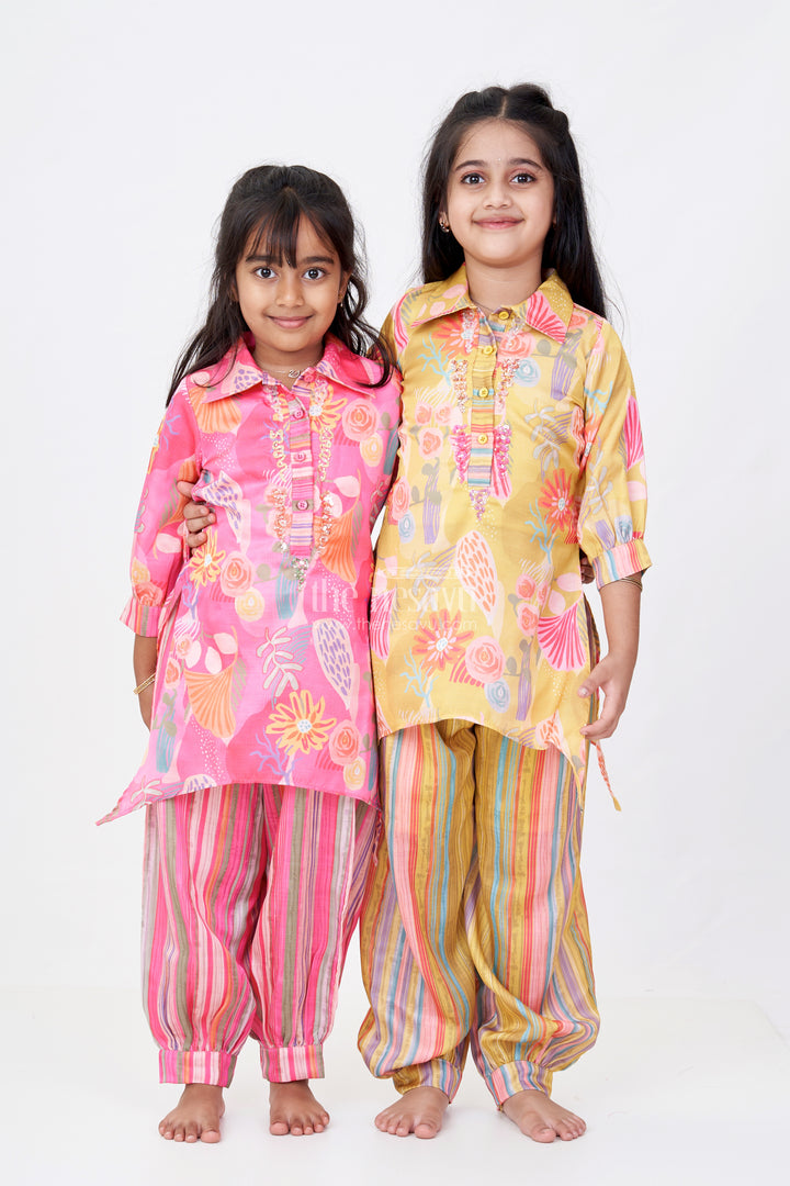 Girls Floral Co-ord Set with Bright Printed Kurti and Striped Pants in Rani Pink