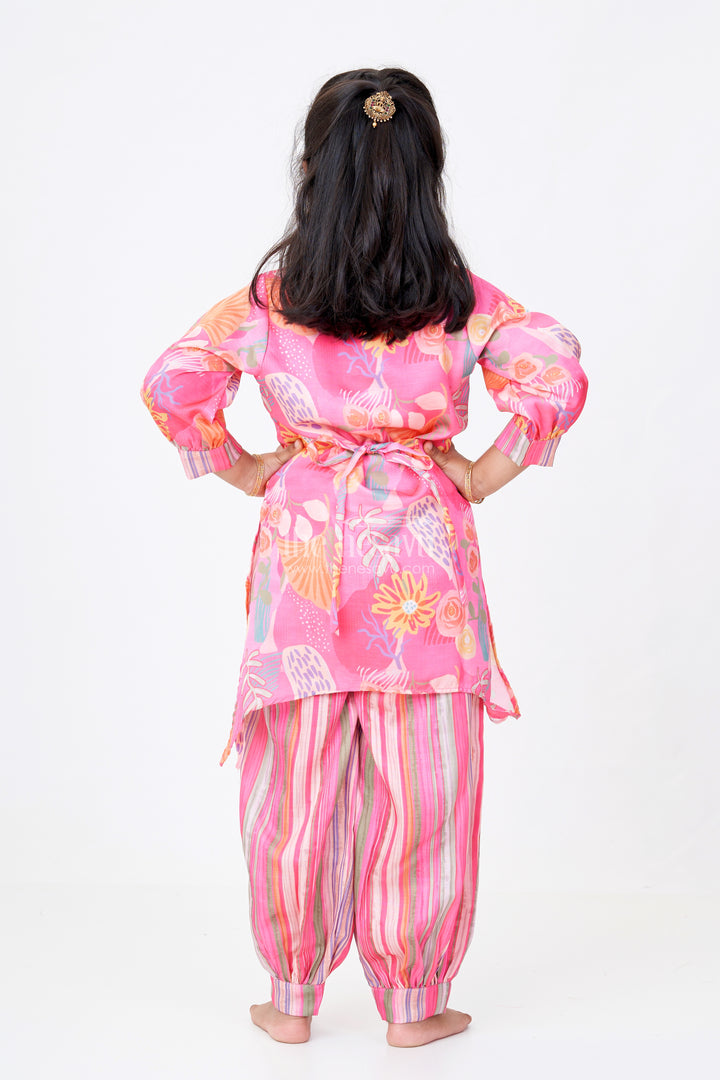 Girls Floral Co-ord Set with Bright Printed Kurti and Striped Pants in Rani Pink