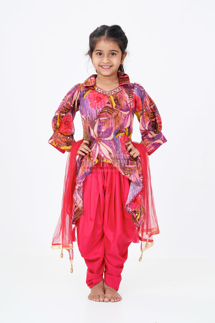 Girls Party Sharara Dress with Printed Jacket and Draped Pants in Red
