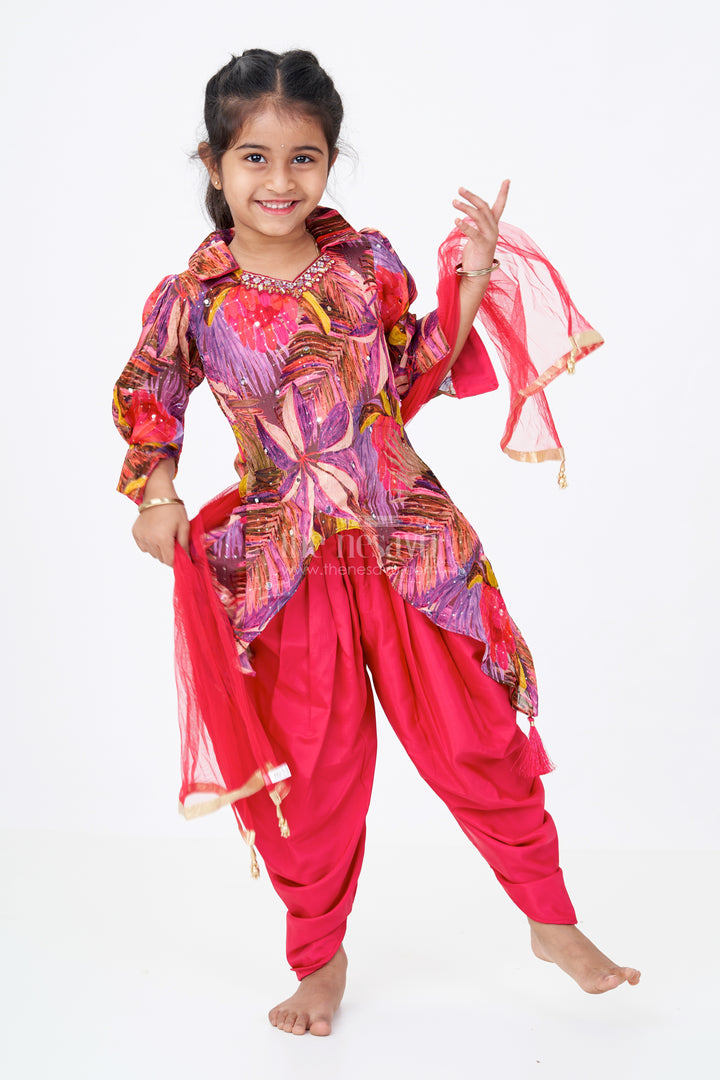Girls Party Sharara Dress with Printed Jacket and Draped Pants in Red