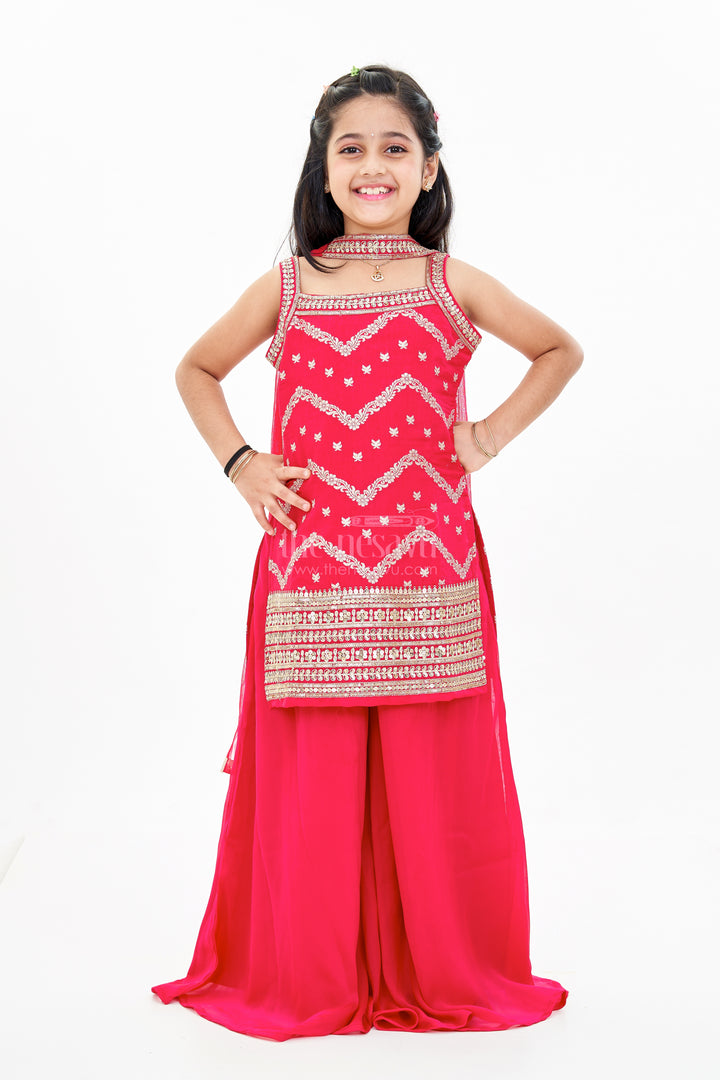 Girls Red Plazo with Embellished Top and Dupatta in Georgette for Festive Glam