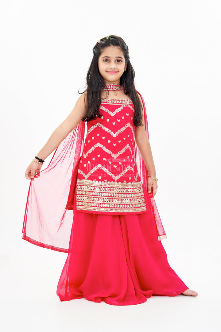 Girls Red Plazo with Embellished Top and Dupatta in Georgette for Festive Glam