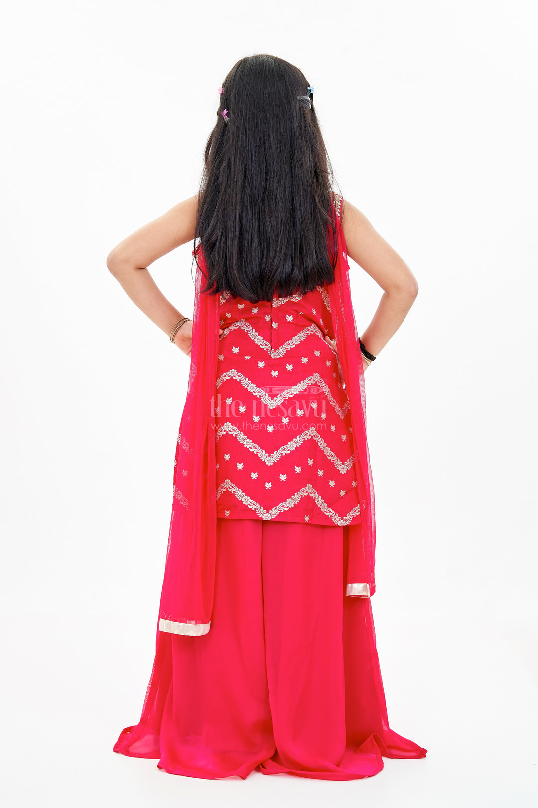 Girls Red Plazo with Embellished Top and Dupatta in Georgette for Festive Glam