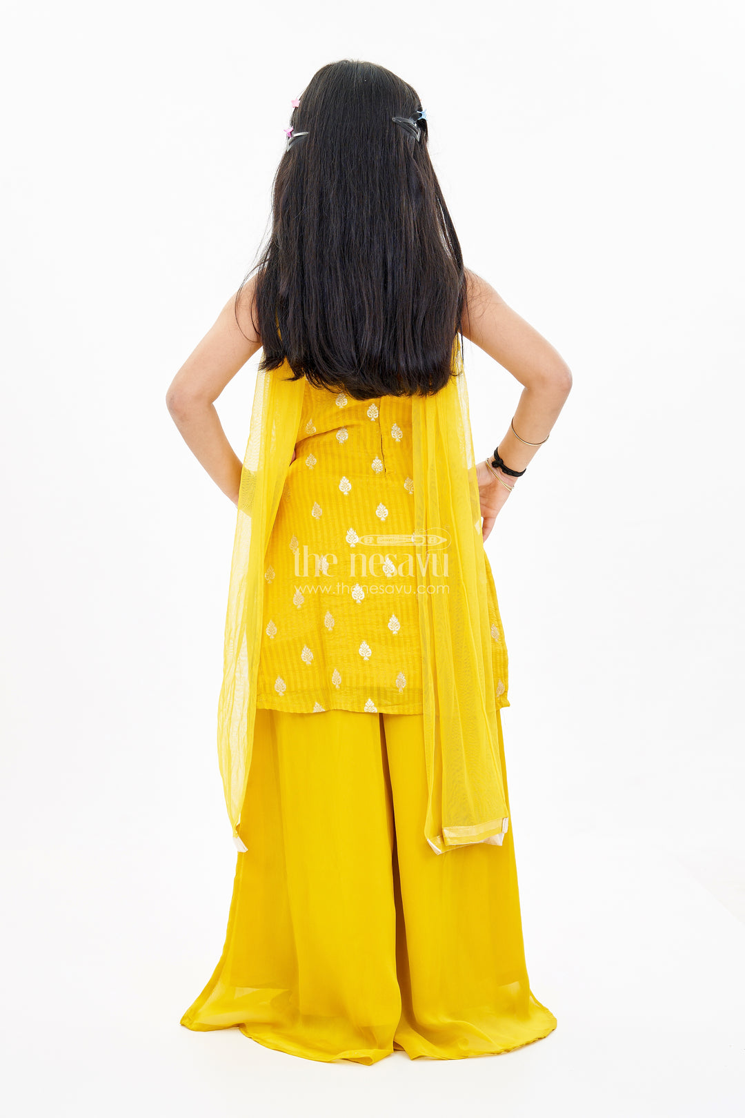 Girls Mustard Yellow Churidar Suit Set with Embellished Top and Dupatta in Georgette