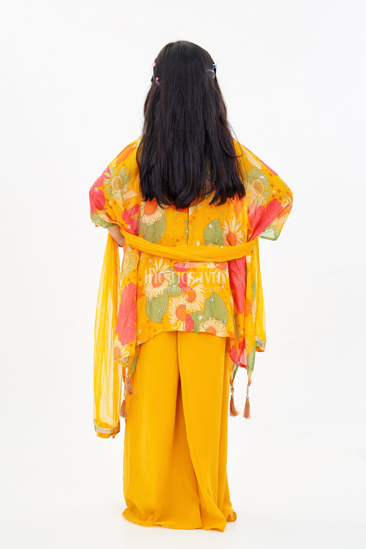 Girls Floral Printed Kurti and Plazoo Set in Chinon Silk with Dupatta for Festive Wear