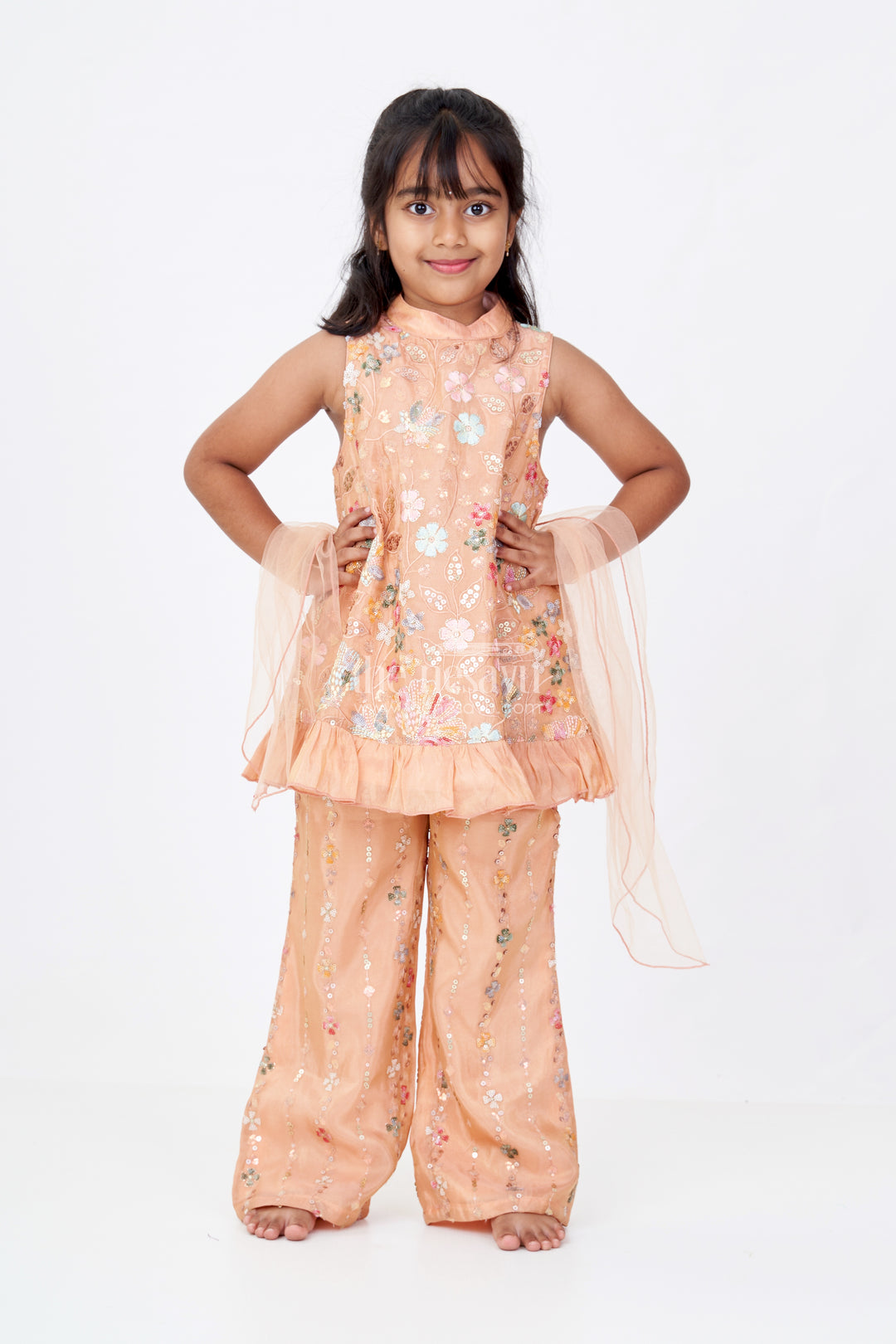 Girls Ethnic Churidar Set in Shimmer Viscose Silk with Designer Embroidery and Dupatta
