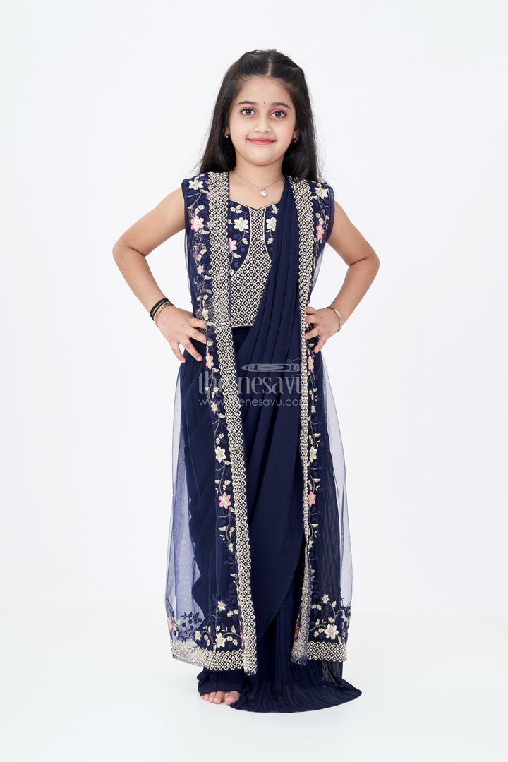 Girls Cotton Suit Piece with Cotton Dupatta in Navy Georgette and Embroidered Velvet Bodice