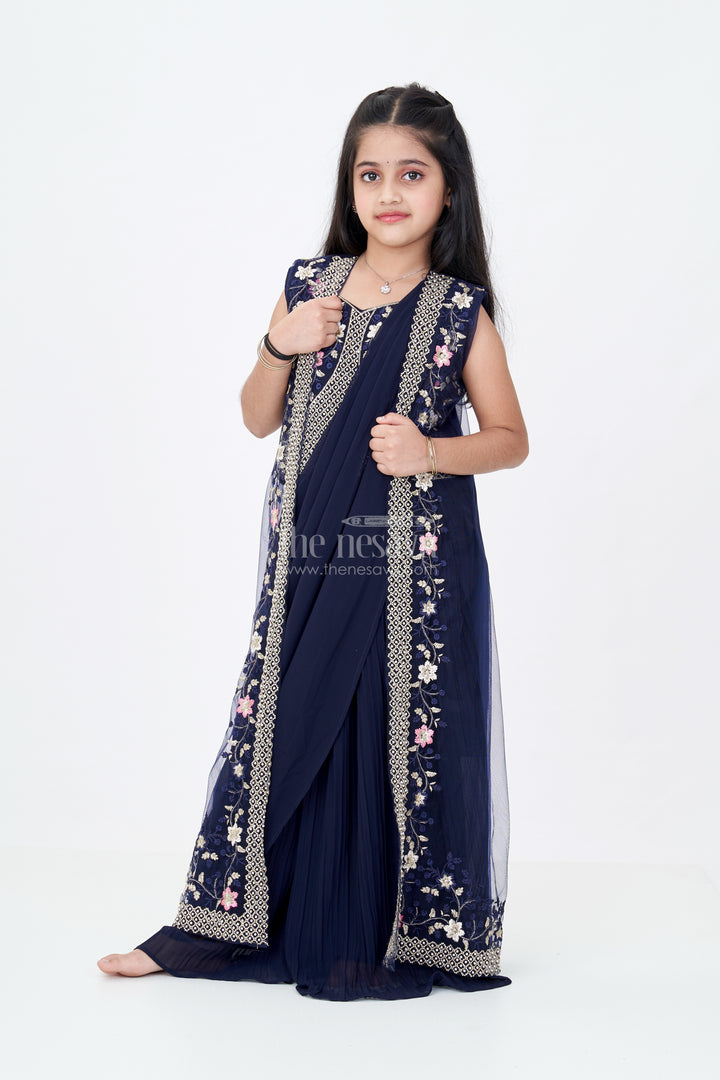 Girls Cotton Suit Piece with Cotton Dupatta in Navy Georgette and Embroidered Velvet Bodice
