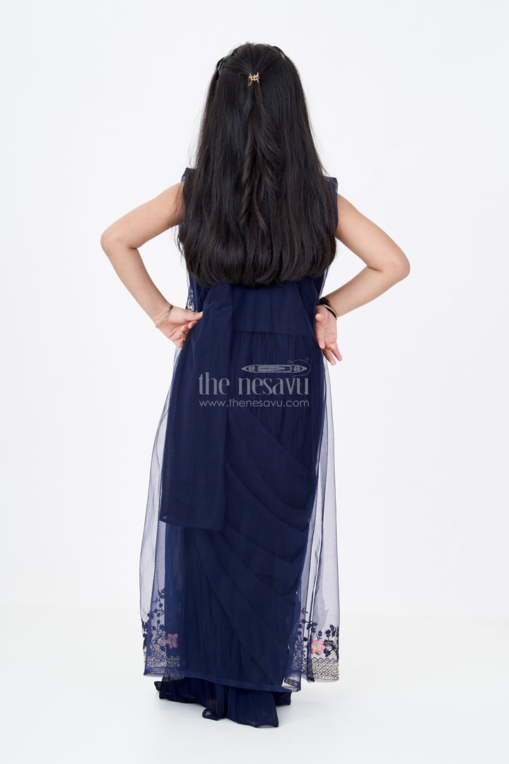 Girls Cotton Suit Piece with Cotton Dupatta in Navy Georgette and Embroidered Velvet Bodice