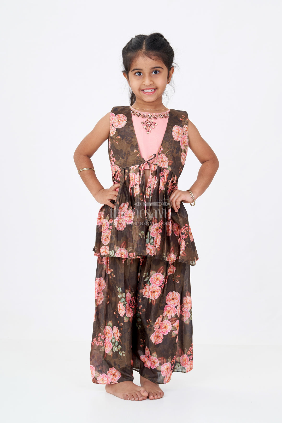 Girls Brown Suit Set in Floral Shimmer Georgette  with Peach Embroidered Top and Peplum Jacket