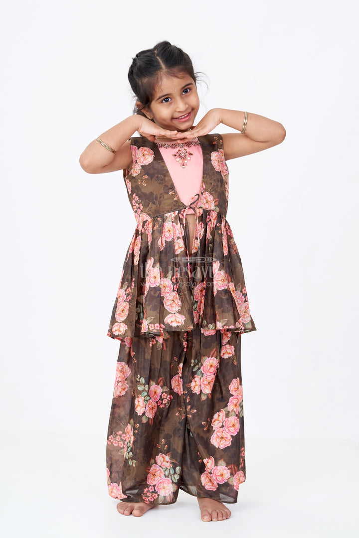 Girls Brown Suit Set in Floral Shimmer Georgette  with Peach Embroidered Top and Peplum Jacket