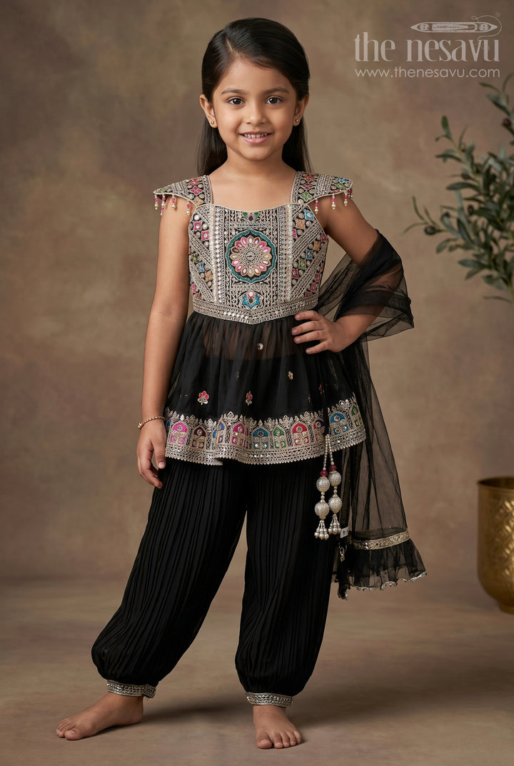 Girls Black Suit Set with Dupatta in Georgette Featuring Multicolor Thread Embroidery and Sequin Accents
