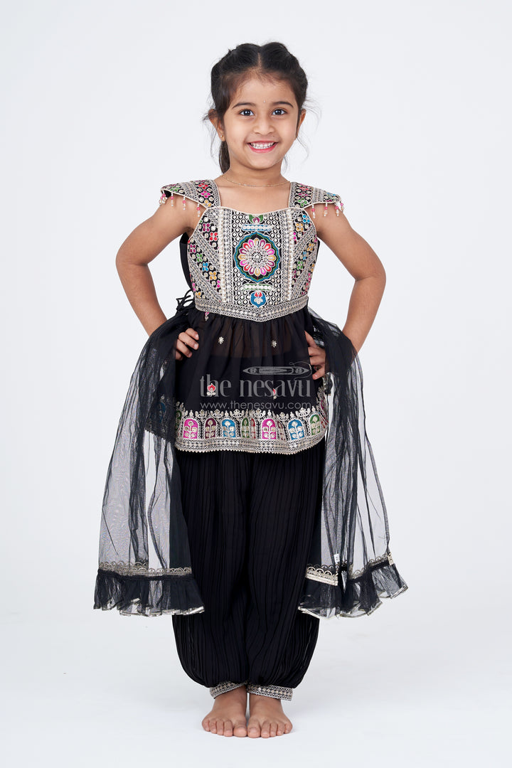 Girls Black Suit Set with Dupatta in Georgette Featuring Multicolor Thread Embroidery and Sequin Accents