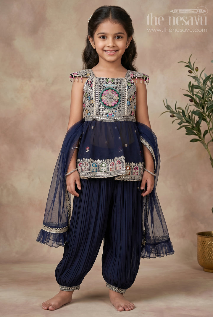 Girls Navy Blue Georgette Churidar Dress with Thread Embroidery and Colorful Sequins for Festive Charm
