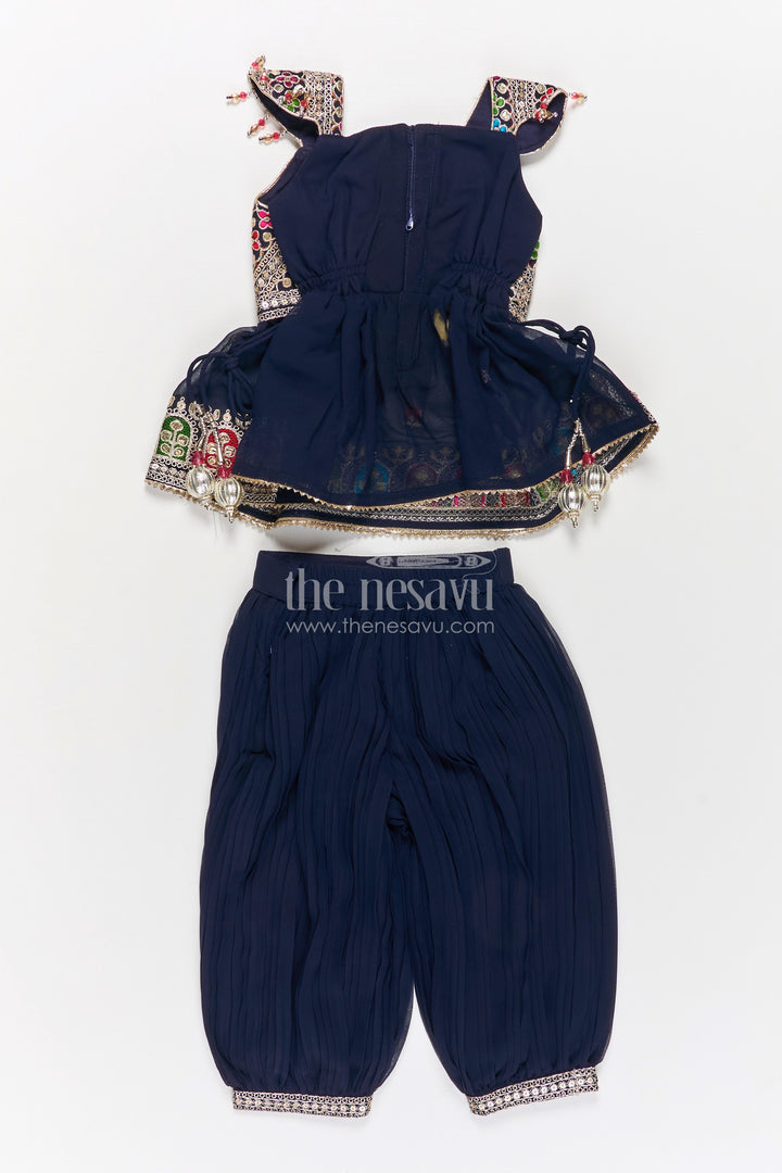 Girls Navy Blue Georgette Dothi Dress with Thread Embroidery and Colorful Sequins for Festive Charm