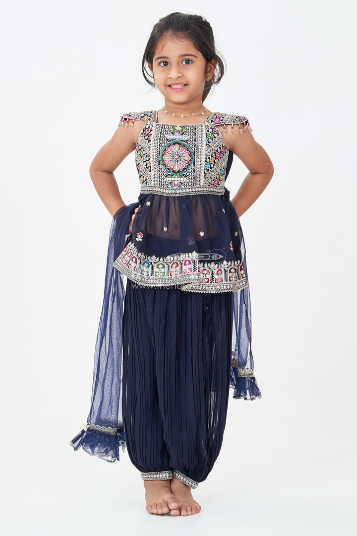 Girls Navy Blue Georgette Churidar Dress with Thread Embroidery and Colorful Sequins for Festive Charm