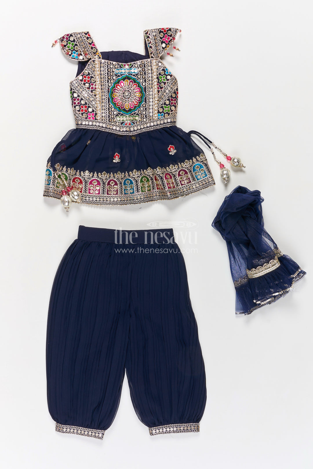 Girls Navy Blue Georgette Dothi Dress with Thread Embroidery and Colorful Sequins for Festive Charm