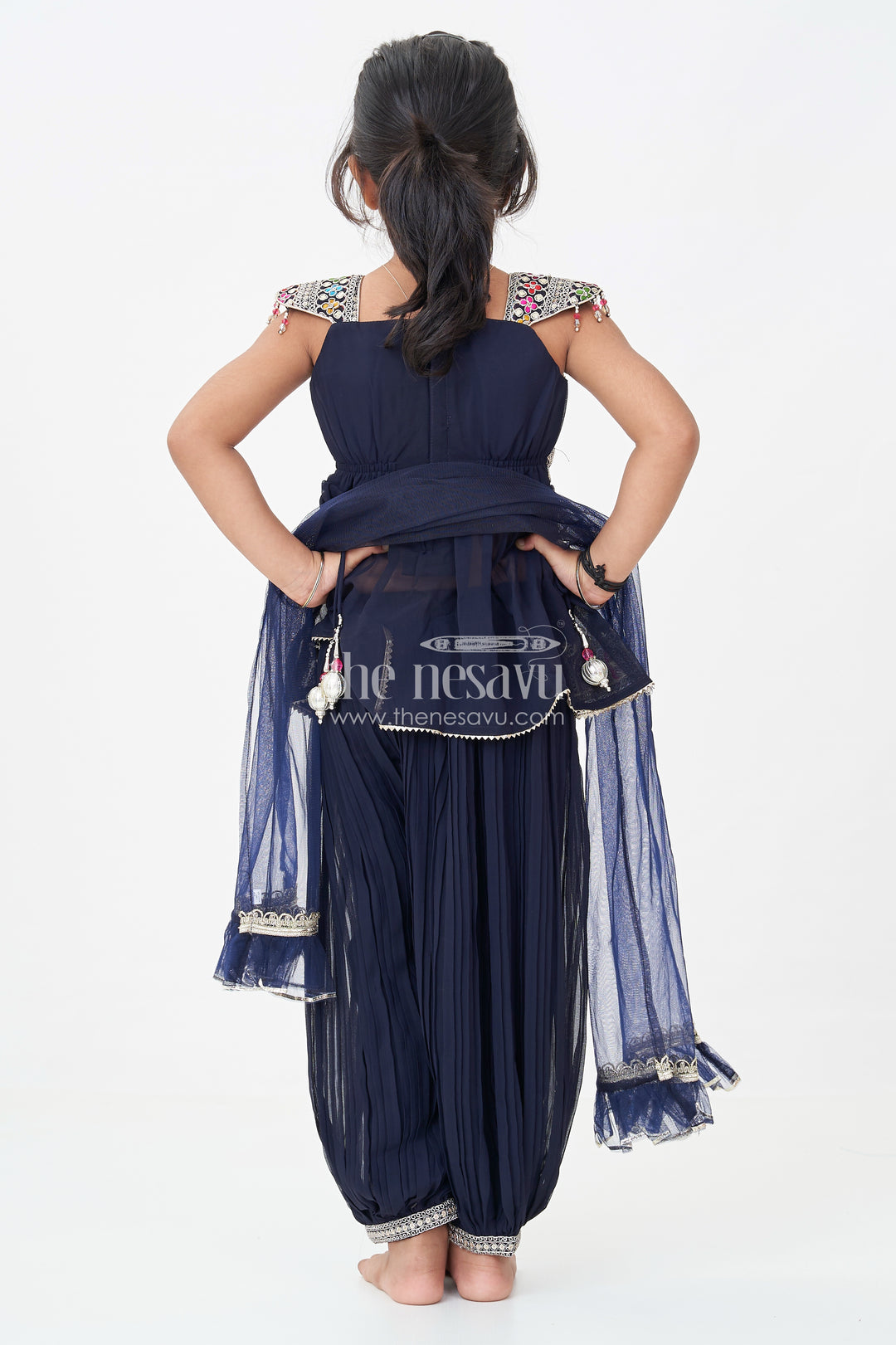 Girls Navy Blue Georgette Churidar Dress with Thread Embroidery and Colorful Sequins for Festive Charm