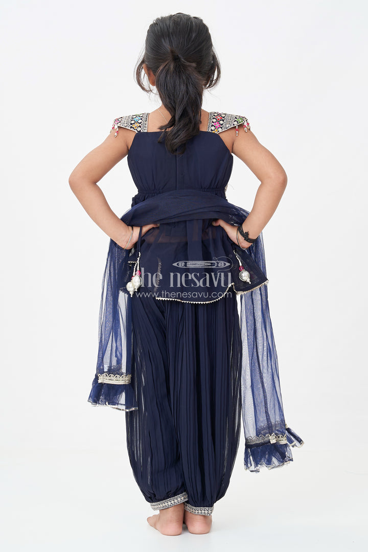 Girls Navy Blue Georgette Churidar Dress with Thread Embroidery and Colorful Sequins for Festive Charm