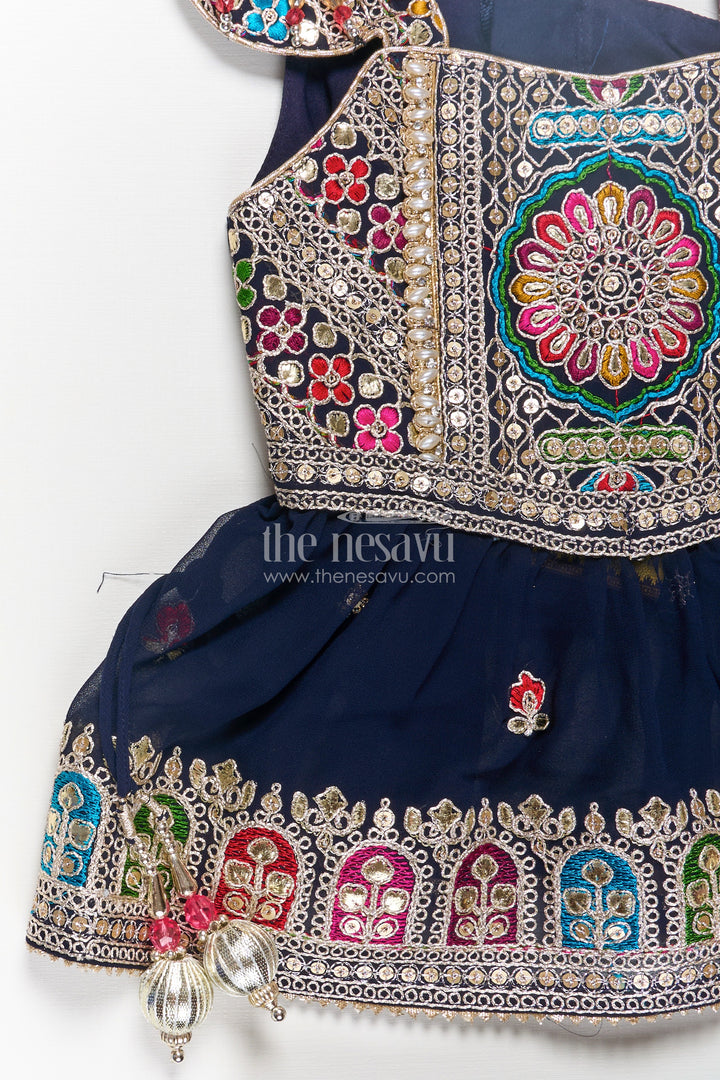 Girls Navy Blue Georgette Dothi Dress with Thread Embroidery and Colorful Sequins for Festive Charm