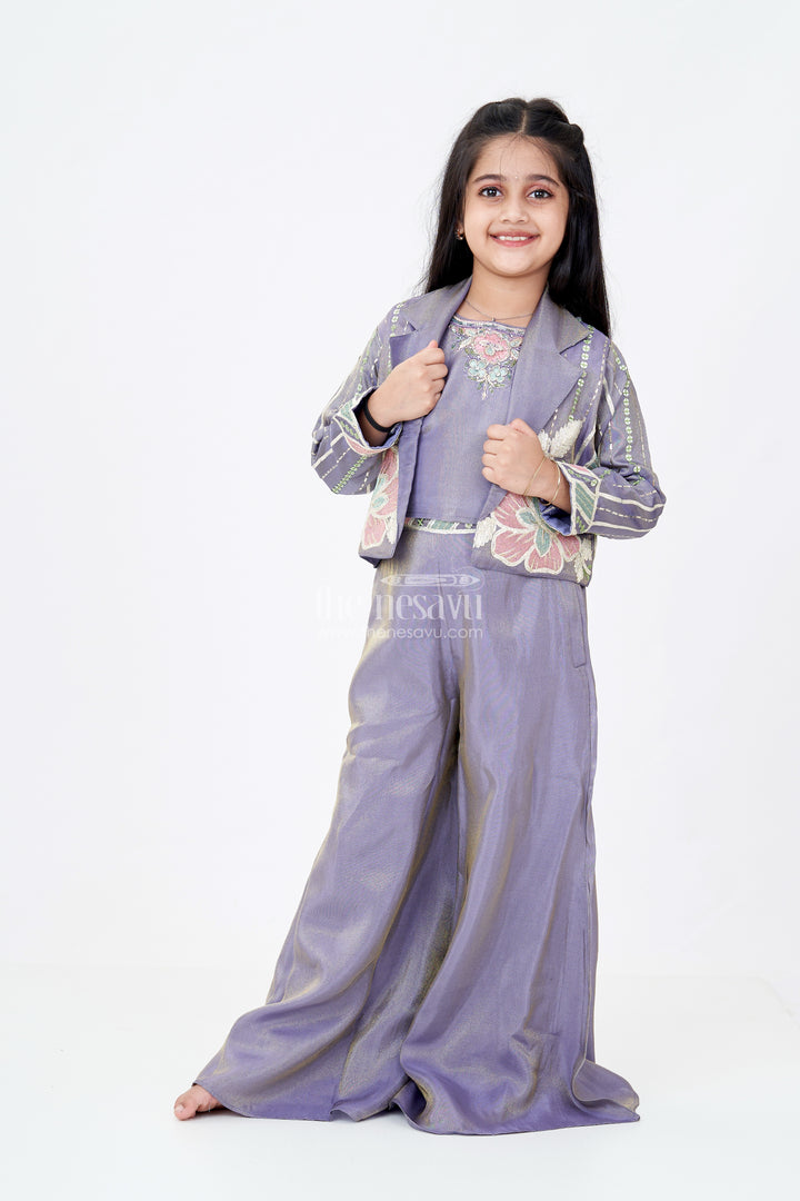Girls Two Piece Suit Jacket Skirt Set in Banarasi Kora Tissue Silk with Floral Embroidery