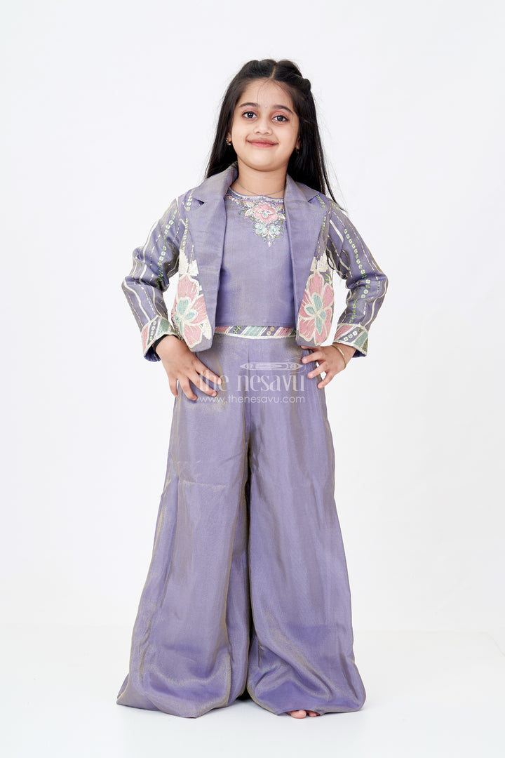 Girls Two Piece Suit Jacket Skirt Set in Banarasi Kora Tissue Silk with Floral Embroidery