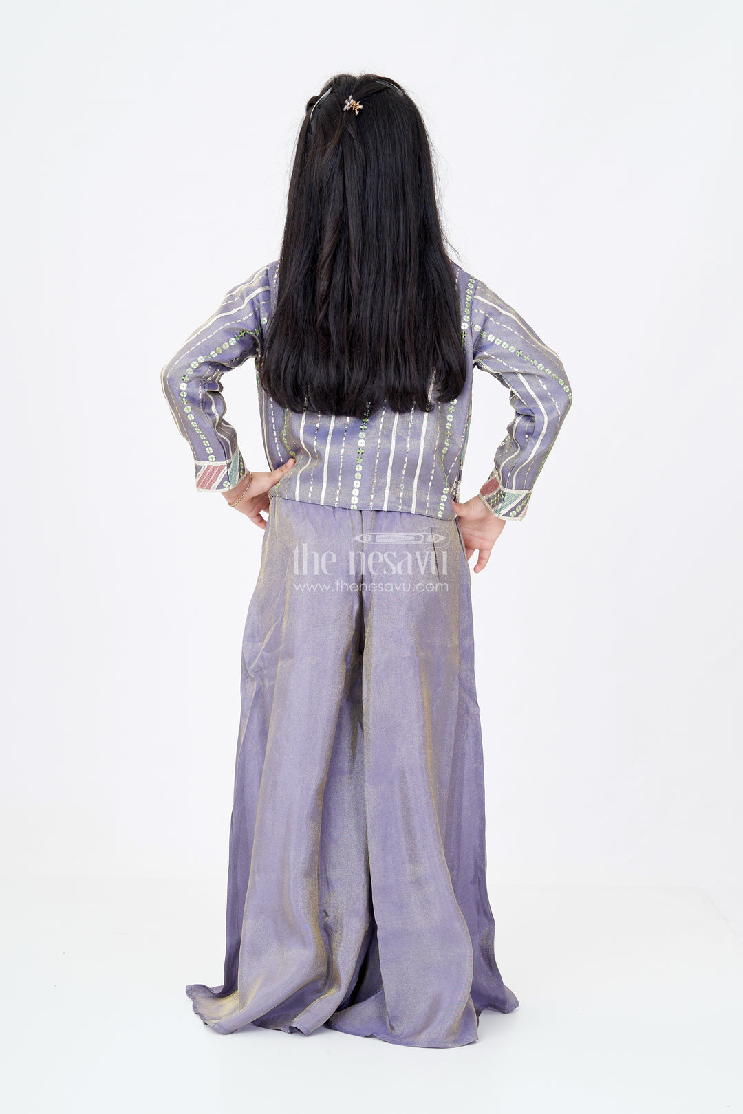 Girls Two Piece Suit Jacket Skirt Set in Banarasi Kora Tissue Silk with Floral Embroidery