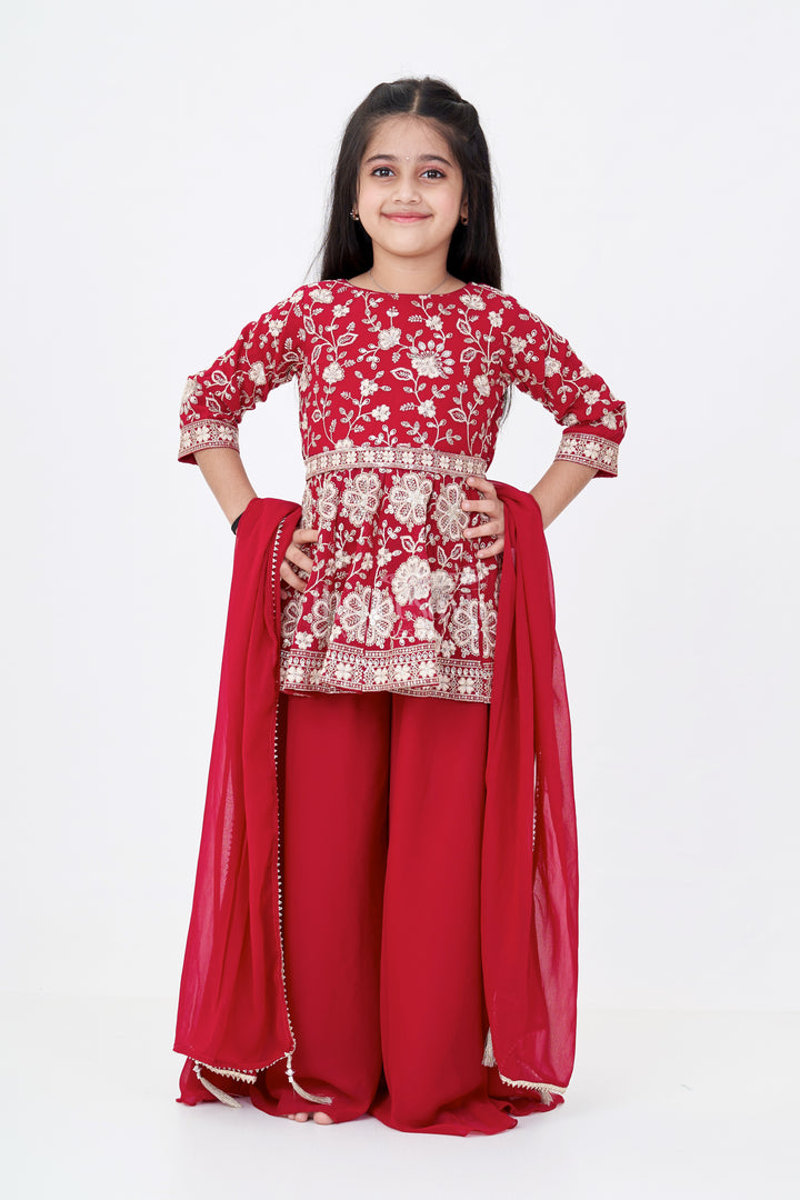Girls Sharara Set Georgette in Maroon with Designer Embroidery and Matching Dupatta for Festive Wear