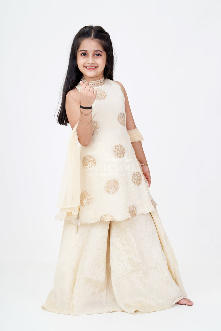 Girls Palazzo Pants and Top Set in Beige Viscose Tissue with Zari Weave Butta Design