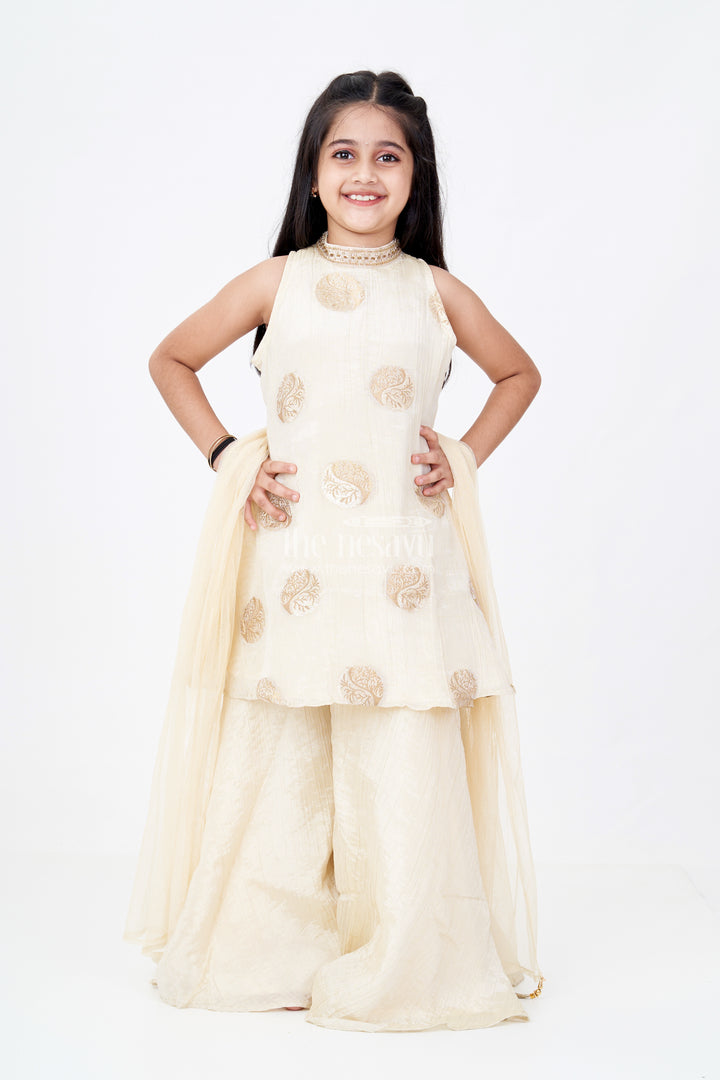 Girls Palazzo Pants and Top Set in Beige Viscose Tissue with Zari Weave Butta Design