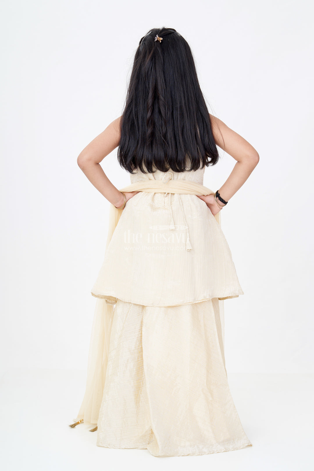 Girls Palazzo Pants and Top Set in Beige Viscose Tissue with Zari Weave Butta Design