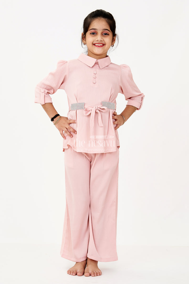 Girls Peach Chinnon Co Ord Set with Stone Embellished Belt and Pleated Top for Womens Casual Co Ord Sets