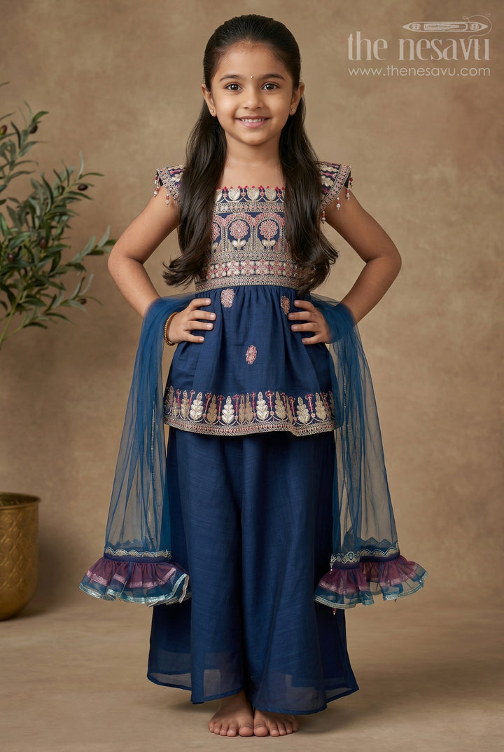 Girls Blue Sleeveless Suit Set with Georgette Fabric and Sequin Embroidery for a Regal Ethnic Look
