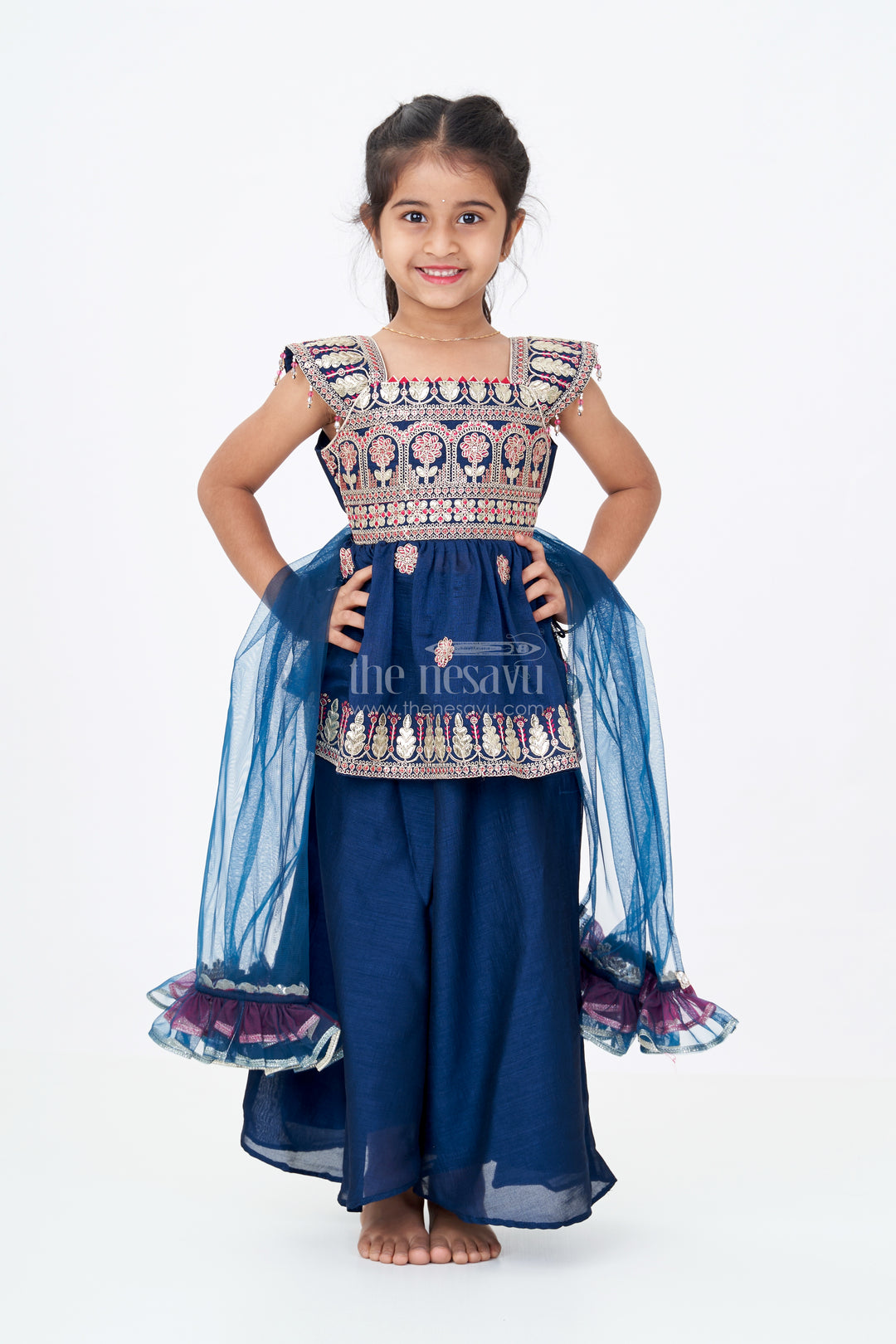 Girls Blue Sleeveless Suit Set with Georgette Fabric and Sequin Embroidery for a Regal Ethnic Look