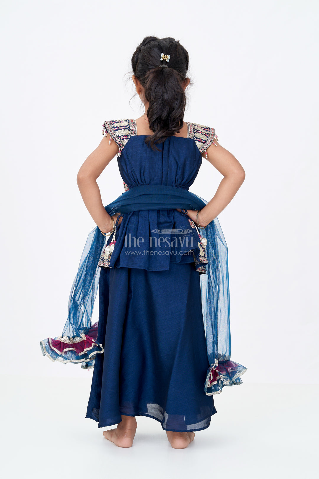 Girls Blue Sleeveless Suit Set with Georgette Fabric and Sequin Embroidery for a Regal Ethnic Look