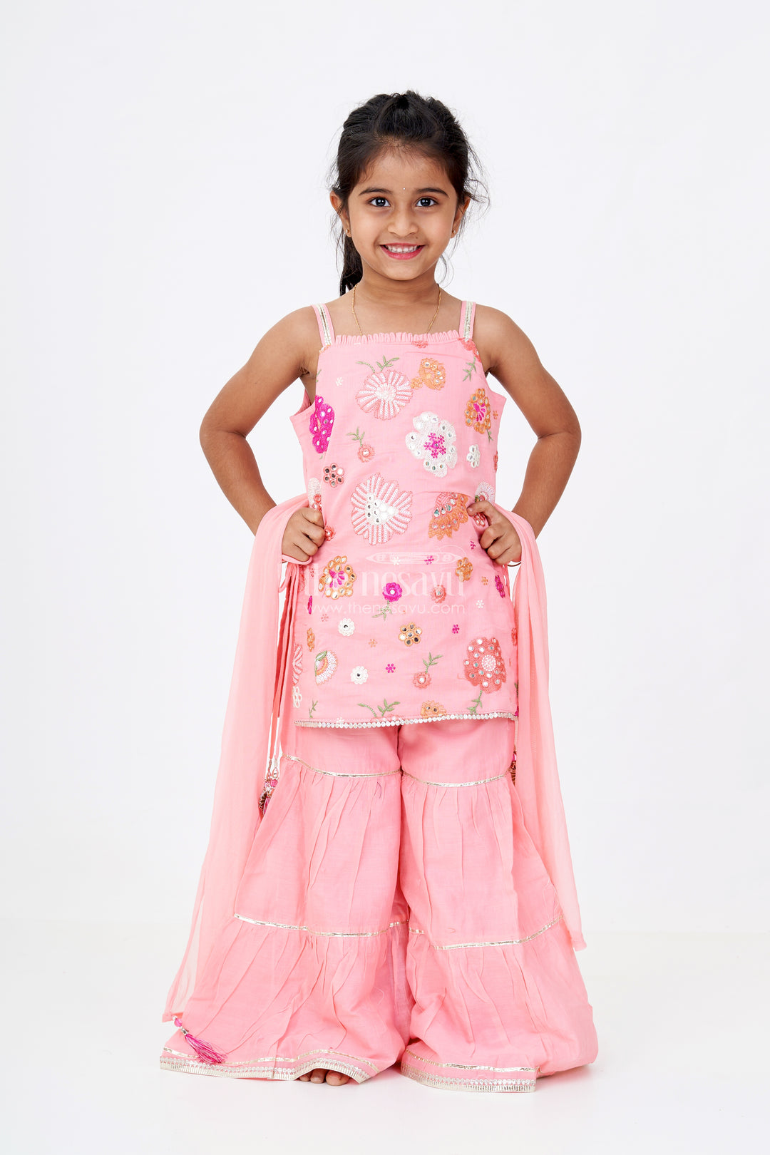 Girls Peach Color Sharara with Floral Thread Embroidery and Spaghetti Strap Top in Soft Cotton