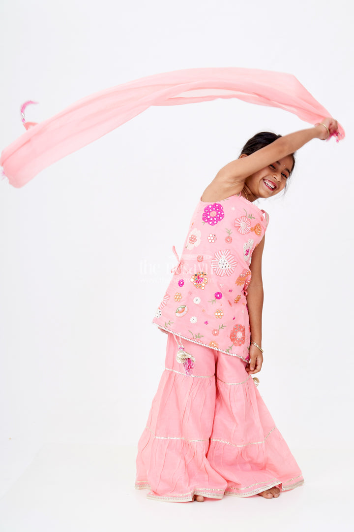 Girls Peach Color Sharara with Floral Thread Embroidery and Spaghetti Strap Top in Soft Cotton